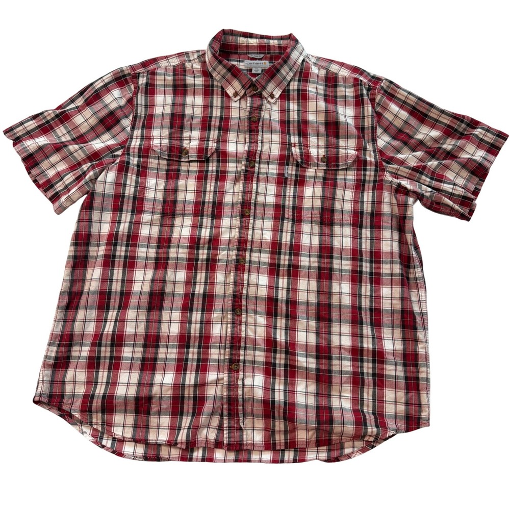 Carhartt Men 2XL Relaxed Fit Plaid Short Sleeve Button Down Shirt Red 101961 608